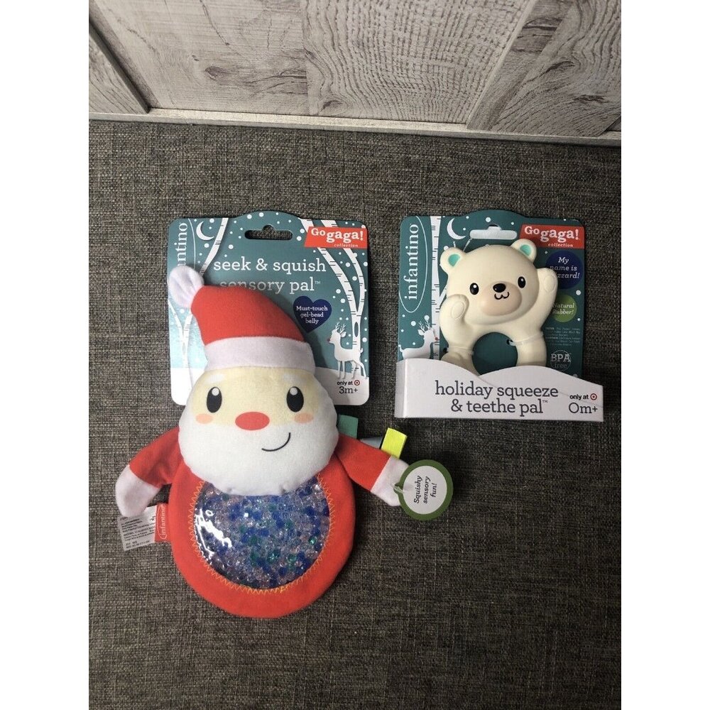 Infantino Go Gaga Set of 2 Holiday Seek Squish Sensory Pal & Squeeze Teethe Pal